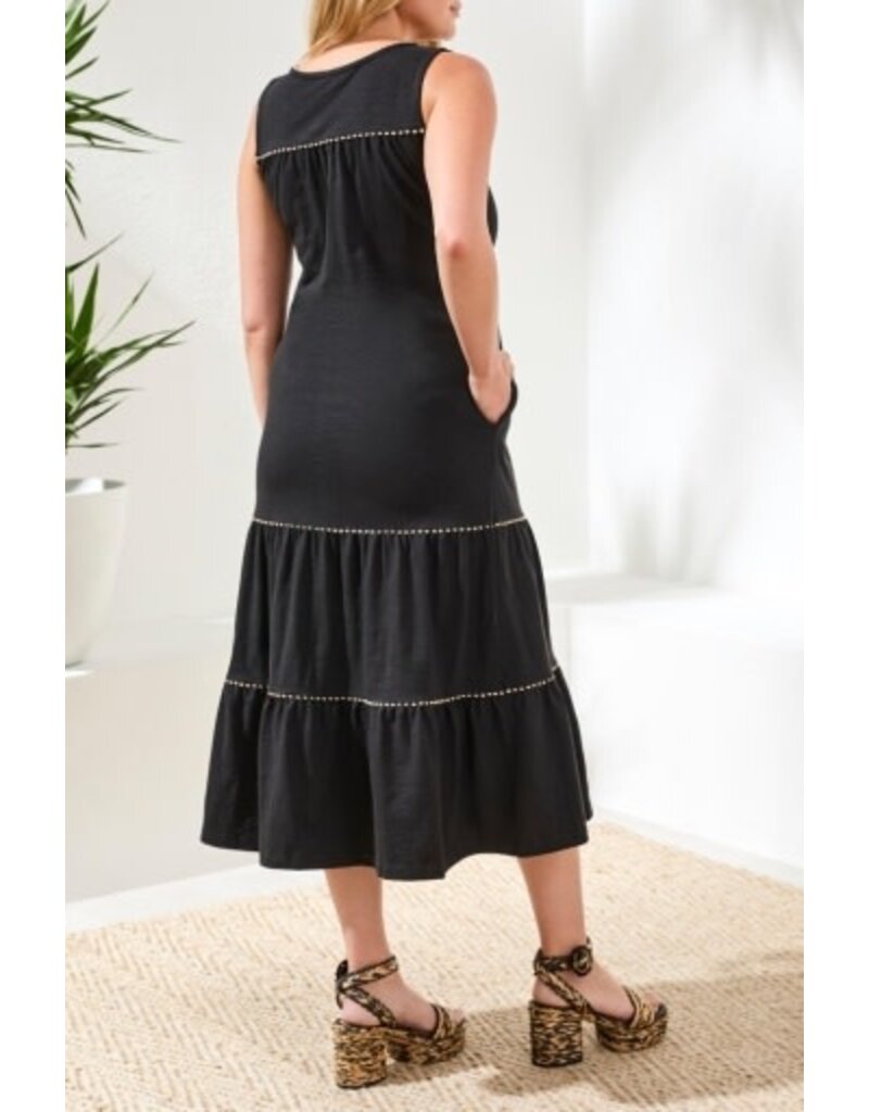 TRIBAL SLVLESS V NECK DRESS W/DETAIL TRIM-BLACK