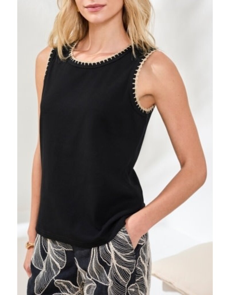 TRIBAL SLVLESS TOP W/CROCHET TRIM-BLACK