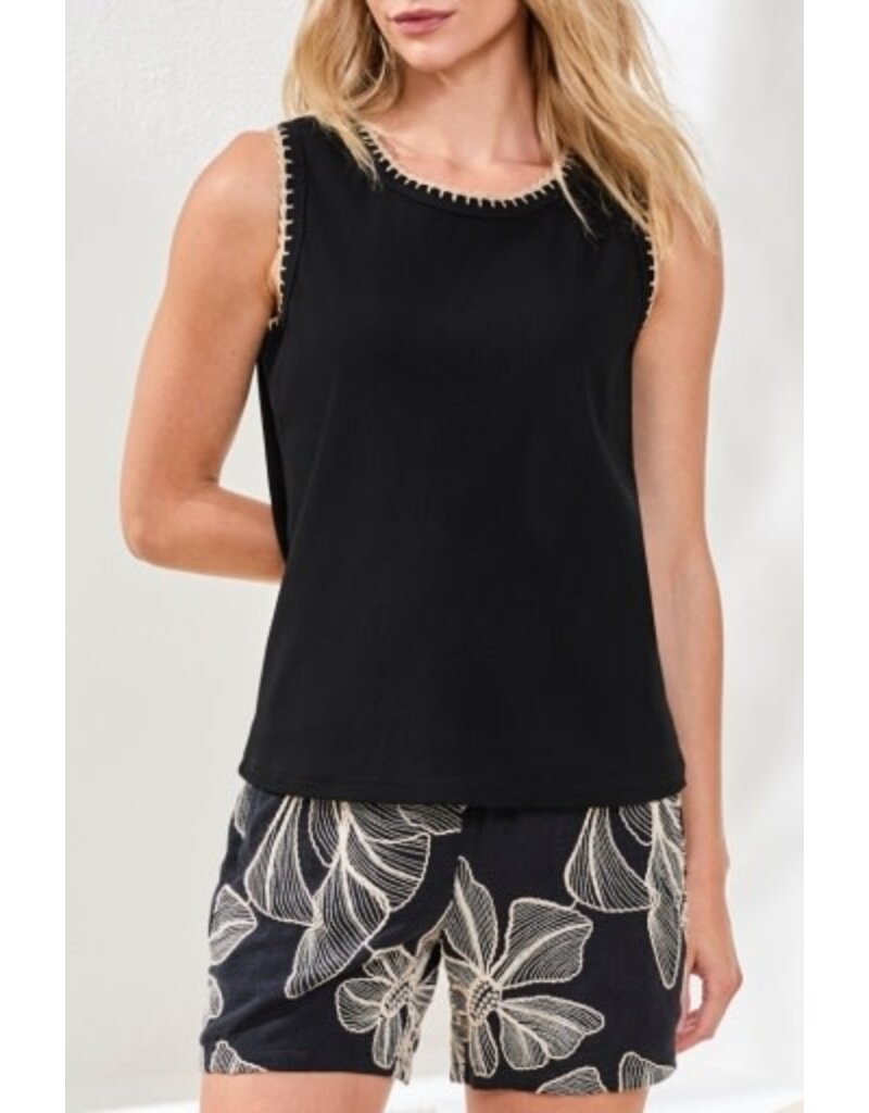 TRIBAL SLVLESS TOP W/CROCHET TRIM-BLACK