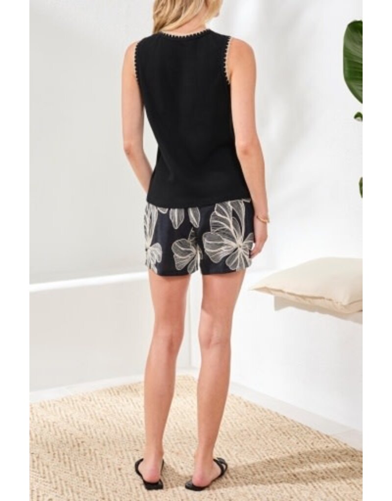 TRIBAL SLVLESS TOP W/CROCHET TRIM-BLACK