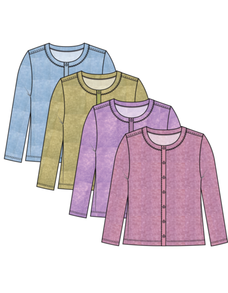 TRIBAL BUTTON FRONT KNIT TOP/ CARDI W/ COMBO PLACKET-HYDRANGEA