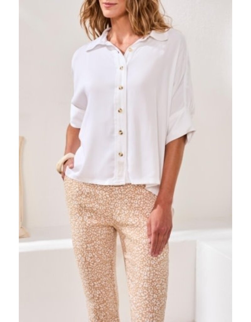 TRIBAL ELBOW SLV BTN FRT BLOUSE-WHITE