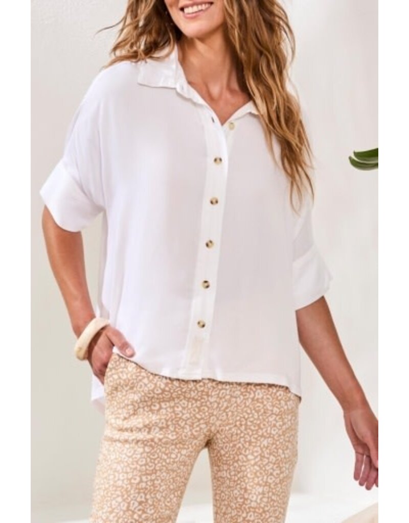 TRIBAL ELBOW SLV BTN FRT BLOUSE-WHITE