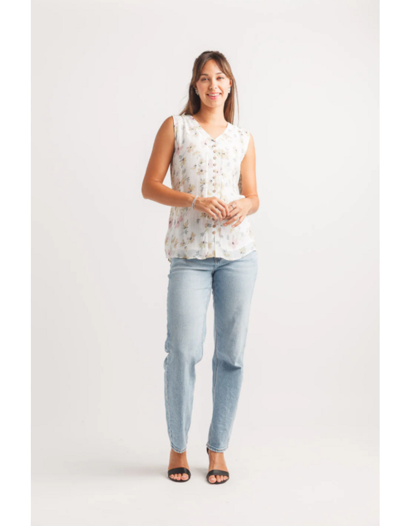 FLORAL SLVLESS LAYERED BUTTON FRONT TOP