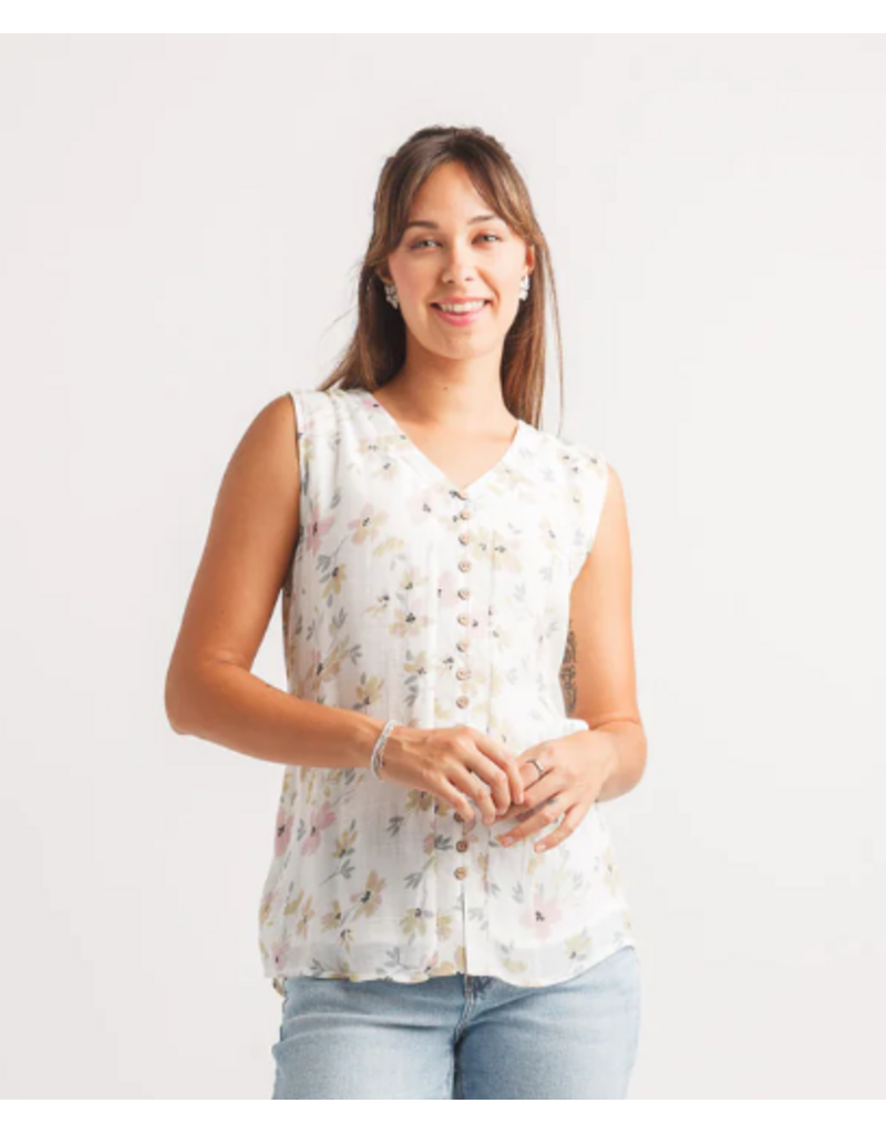 FLORAL SLVLESS LAYERED BUTTON FRONT TOP