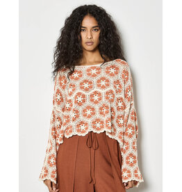CORAL HEXAGON PRINT CROCHET SWEATER - COTTON BLND