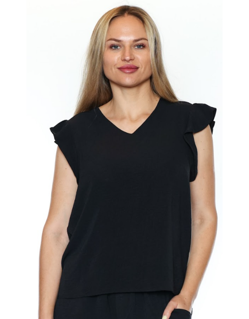 V-NECK RUFFLE SLV TANK BLACK