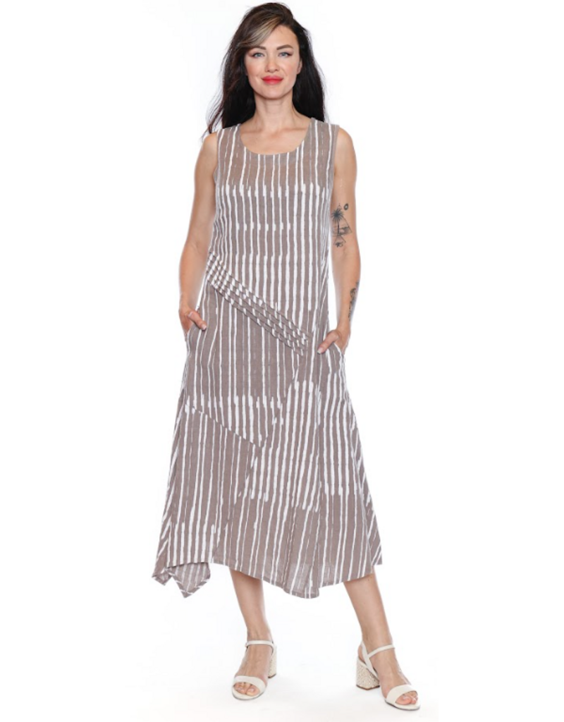 LINEN DRESS w/RIBBING & PLEAT DETAIL