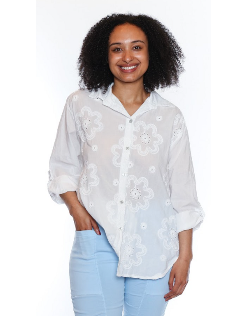 WHITE EMBROIDERY BLOUSE w/ROLL UP SLEEVES