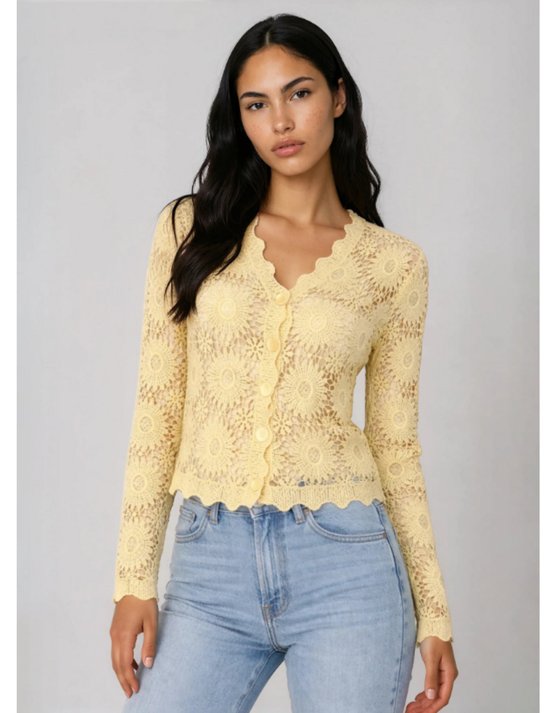 COTTON BLND YELLOW CROCHET BUTTON UP CARDIGAN