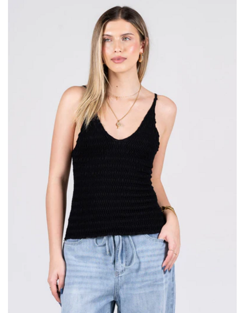 C'EST MOI SEAMLESS SMOCKED BLACK CAMI  - 1116