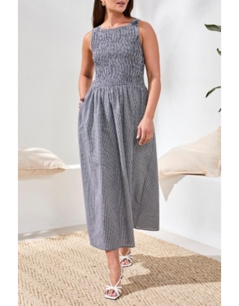 TRIBAL SLVLESS DRESS W/TOP RUCHING DTL-BLACK