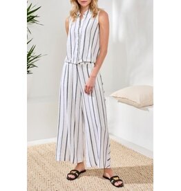 TRIBAL LINEN BLEND - HIDDEN PLACKET SHIRT W/ ELASTIC WAIST-WHITE/BLACK