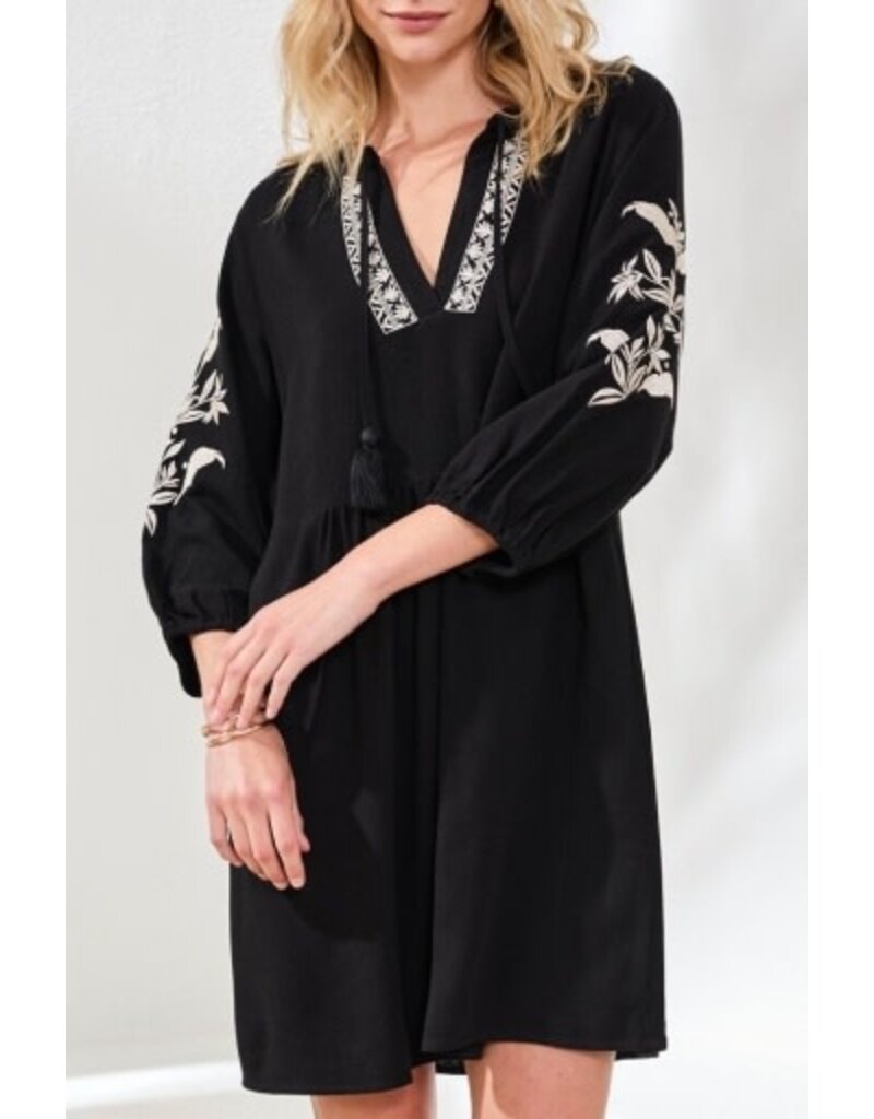 TRIBAL ELBOW SLV DRESS W/EMBROIDERY DTL-BLACK