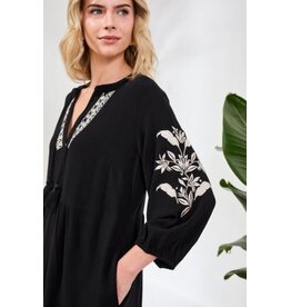 TRIBAL LINEN BLEND - ELBOW SLV DRESS W/EMBROIDERY DTL-BLACK