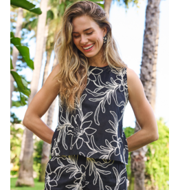 SLVLESS LINEN FLOWER EMBROIDERY TOP - BLACK/WHITE