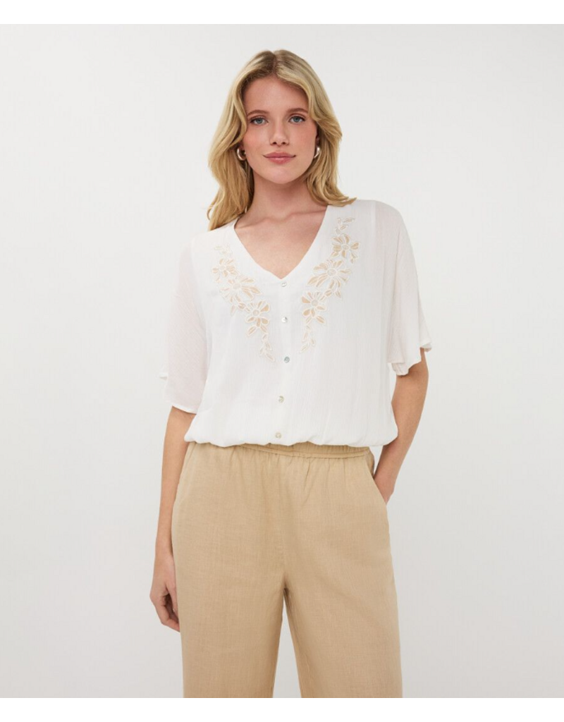 EMBROIDERED BATWING BLOUSE - OFF WHITE