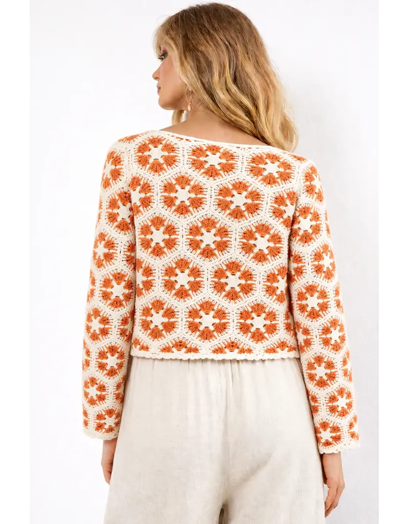 CORAL HEXAGON PRINT CROCHET SWEATER