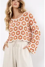 CORAL HEXAGON PRINT CROCHET SWEATER