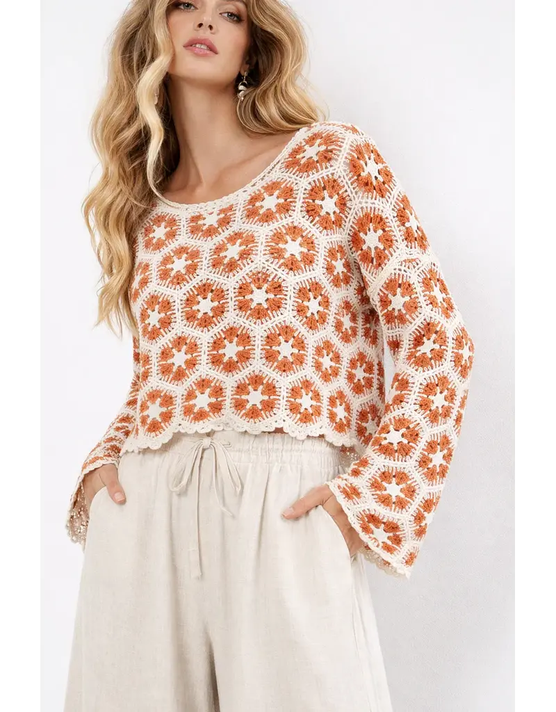 CORAL HEXAGON PRINT CROCHET SWEATER
