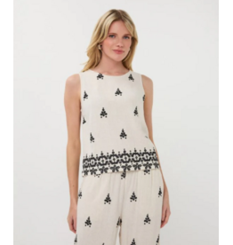 SLVLESS EMBROIDERED TOP - NATURAL/BLACK - LINEN BLND