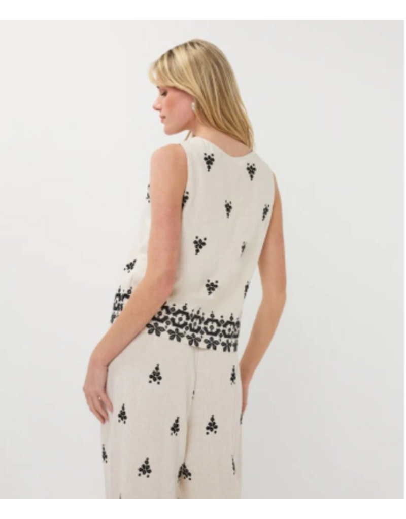 SLVLESS EMBROIDERED TOP - NATURAL/BLACK - LINEN BLND
