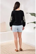 TRIBAL 3/4 SLV TOP W/SOUTACHE DTL-BLACK