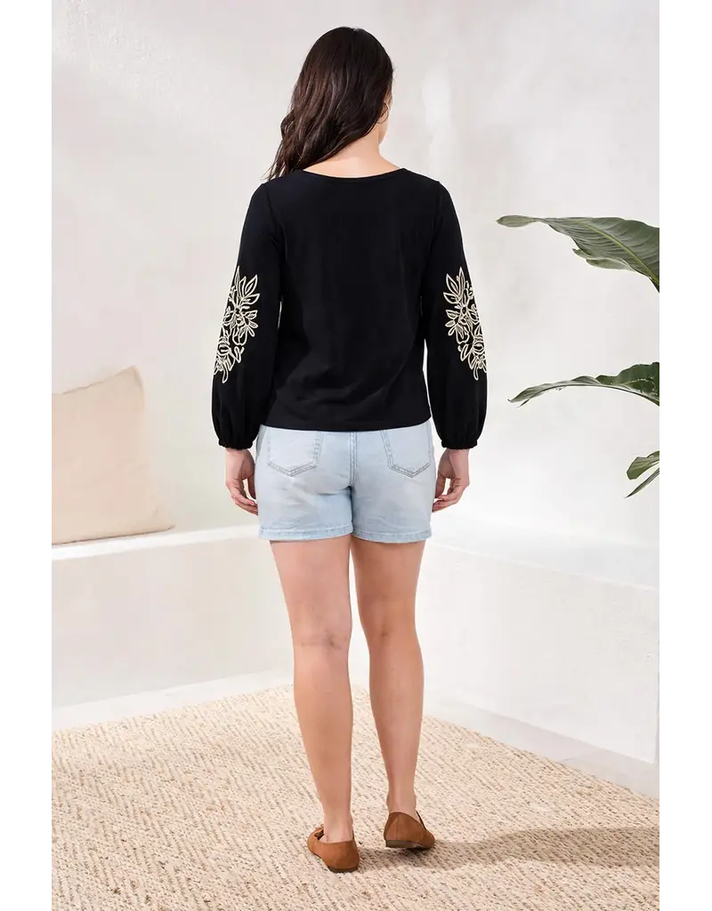 TRIBAL 3/4 SLV TOP W/SOUTACHE DTL-BLACK