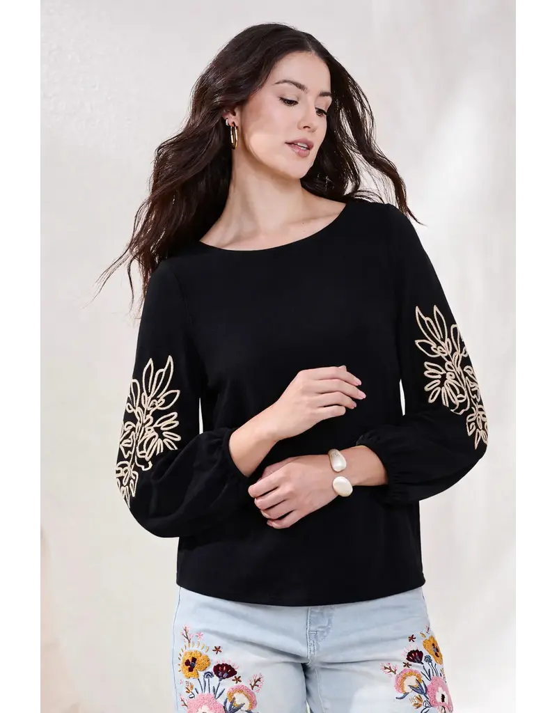 TRIBAL 3/4 SLV TOP W/SOUTACHE DTL-BLACK