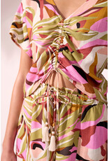 TRIBAL SHORT SLEEVE RUCHED DRAWSTRING LINEN BLOUSE - KEYWEST