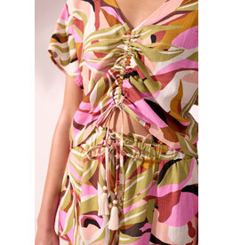 TRIBAL LINEN BLEND - SHORT SLEEVE RUCHED DRAWSTRING LINEN BLOUSE - KEYWEST