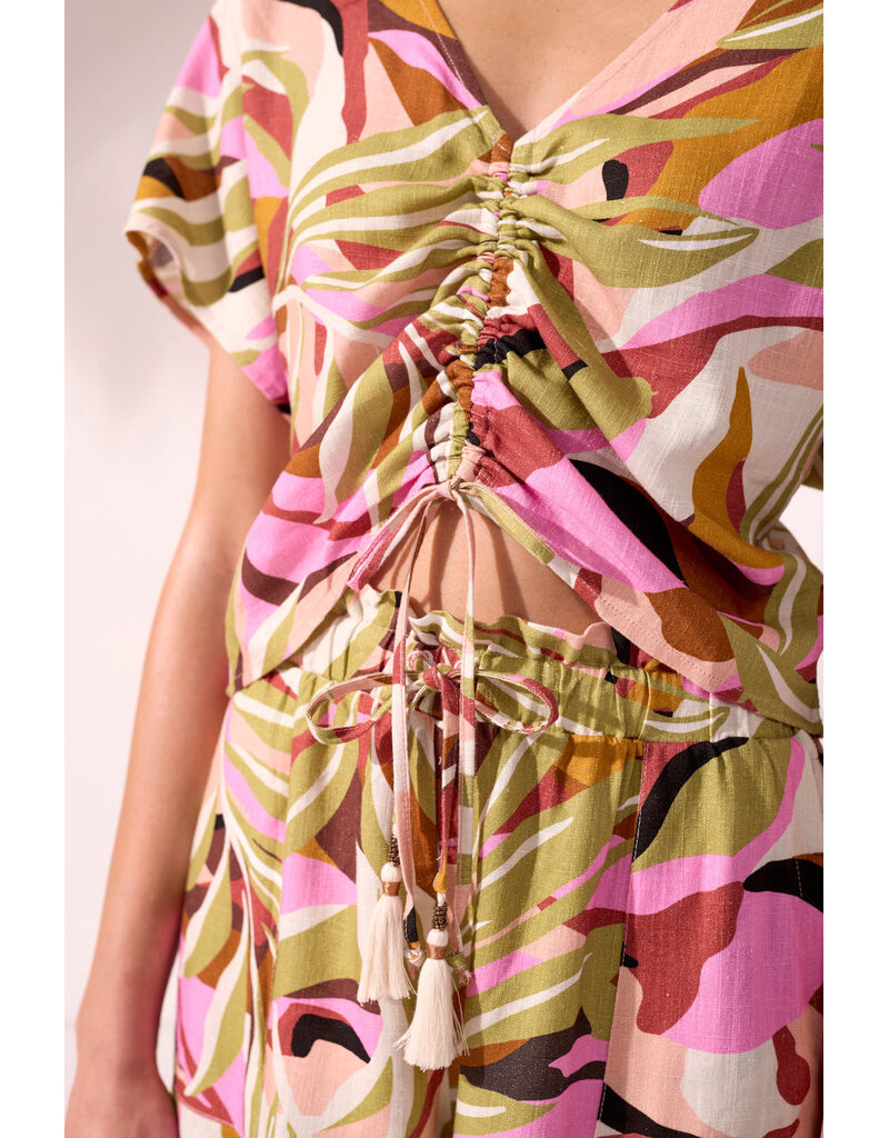 TRIBAL SHORT SLEEVE RUCHED DRAWSTRING LINEN BLOUSE - KEYWEST