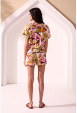 TRIBAL SHORT SLEEVE RUCHED DRAWSTRING LINEN BLOUSE - KEYWEST