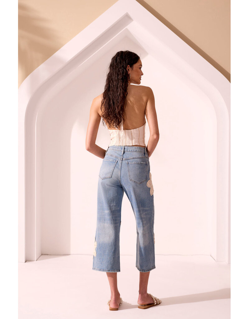 TRIBAL AUDREY WIDE CROP JEANS W/CROCHET APPLIQUE - KEYSWATERS