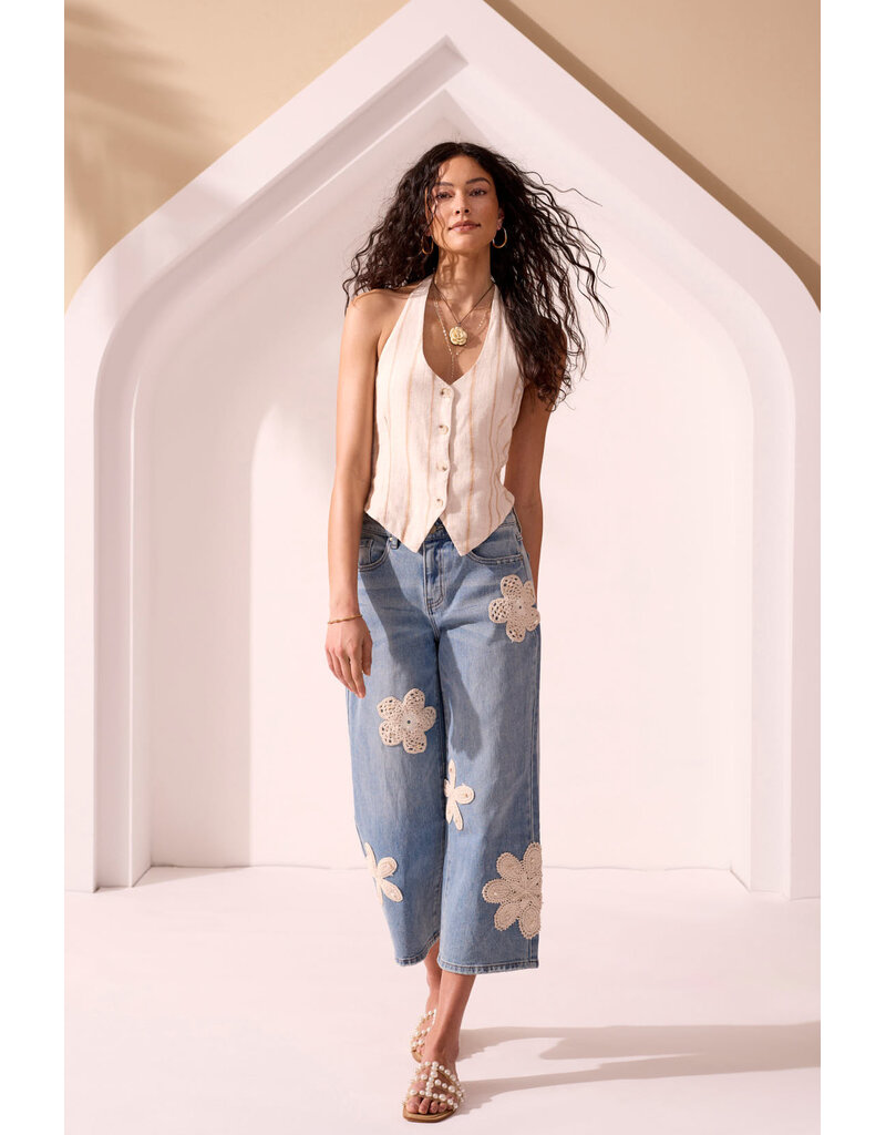 TRIBAL AUDREY WIDE CROP JEANS W/CROCHET APPLIQUE - KEYSWATERS