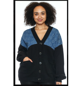 BUTTON UP CARDIGAN W/ DENIM HEARTS