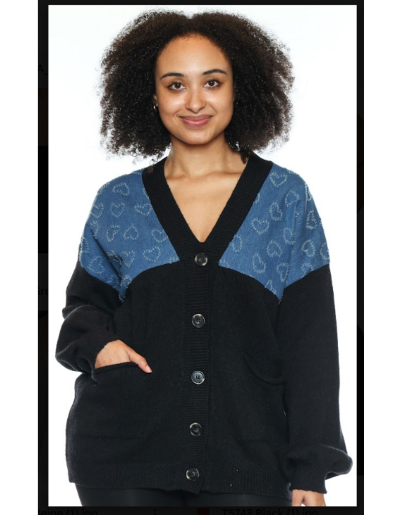 BUTTON UP CARDIGAN W/ DENIM HEARTS