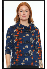 NAVY W/ ORANGE FLORAL COWL NECK TOP