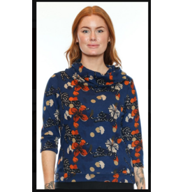 NAVY W/ ORANGE FLORAL COWL NECK TOP