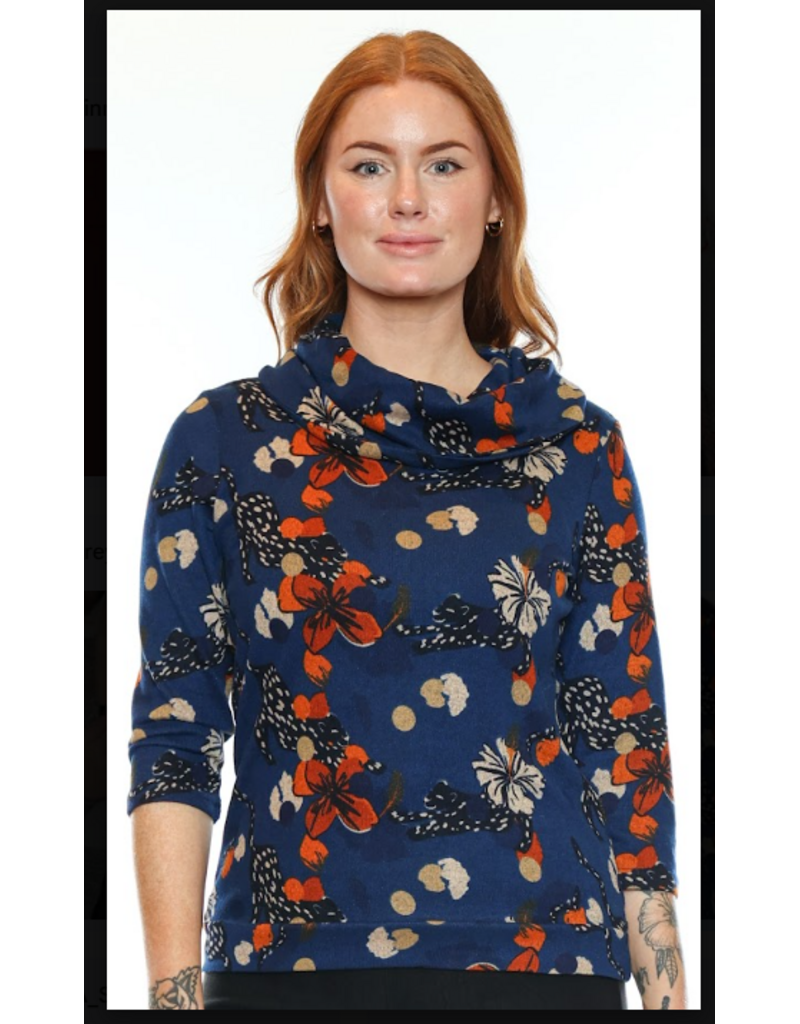 NAVY W/ ORANGE FLORAL COWL NECK TOP