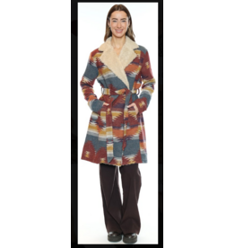 AZTEC PRINT BELTED COAT W/ SHERPA COLLAR