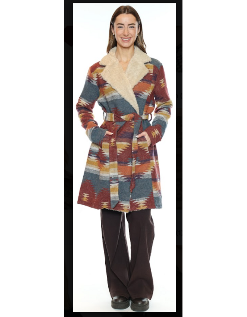 AZTEC PRINT BELTED COAT W/ SHERPA COLLAR