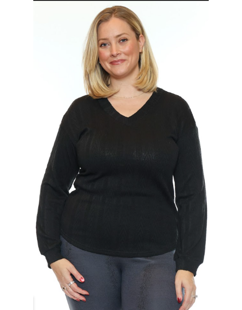 L/S BLACK V NECK TEXTURED TOP