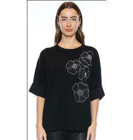 HALF SLEEVE SWEATER W/ BEADED FLOWER DESIGN