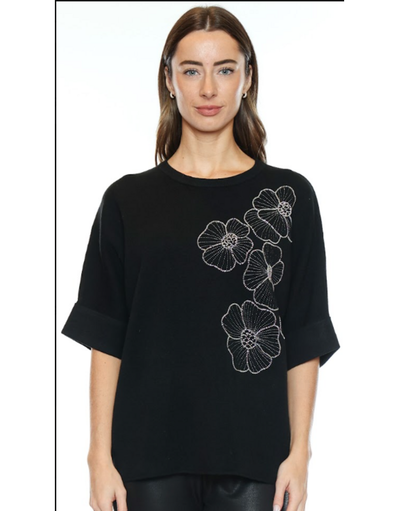 HALF SLEEVE SWEATER W/ BEADED FLOWER DESIGN
