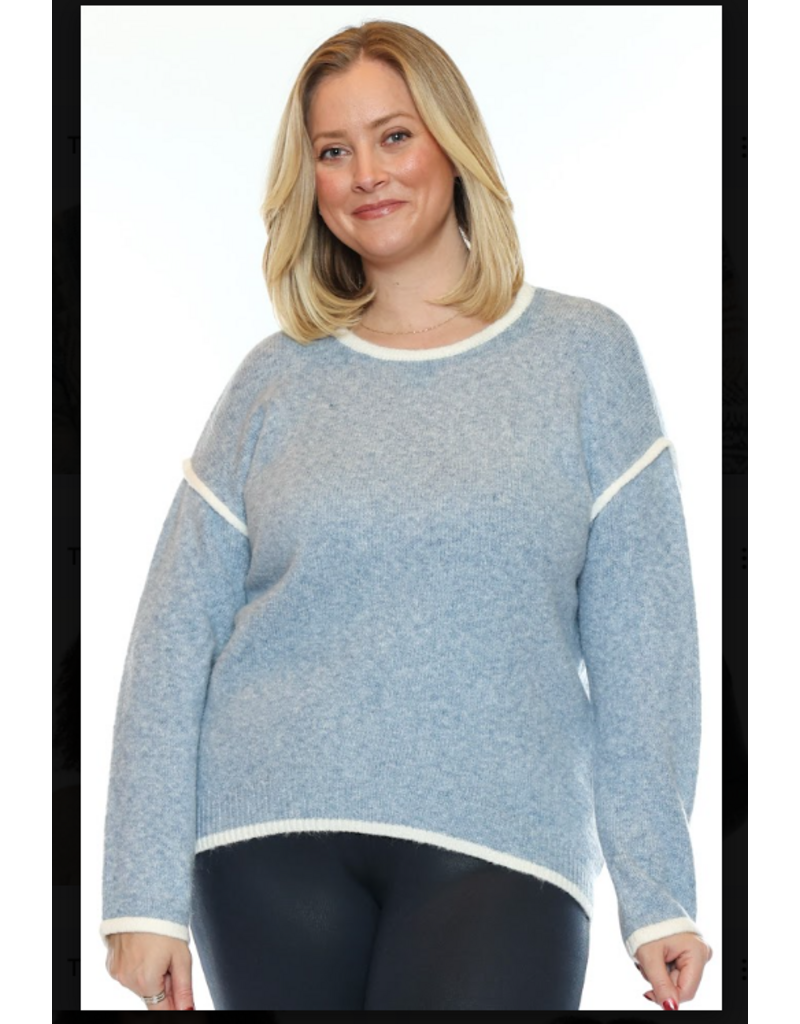 BLUE SWEATER W/ WHITE PIPING DETAIL