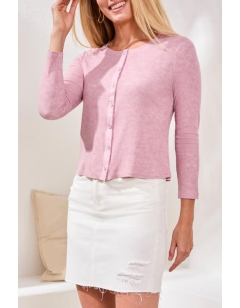 TRIBAL BUTTON FRONT KNIT TOP/ CARDI W/ COMBO PLACKET-HYDRANGEA