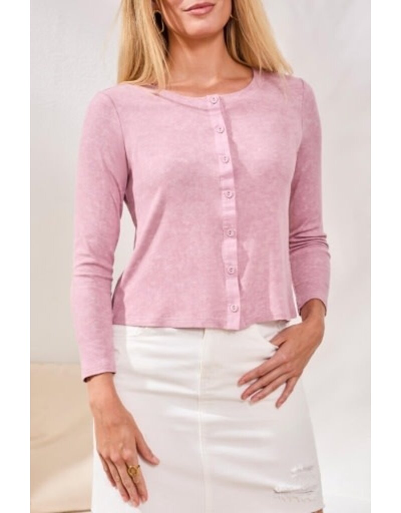 TRIBAL BUTTON FRONT KNIT TOP/ CARDI W/ COMBO PLACKET-HYDRANGEA