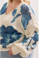 TRIBAL PUFF SLV PRINTED V-NECK SWTR - CREAM