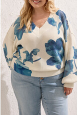 TRIBAL PUFF SLV PRINTED V-NECK SWTR - CREAM